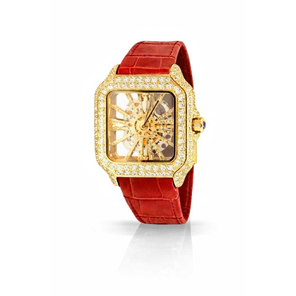 590147 | Moissanite Steel Watch Gold Skeleton Leather Red Band