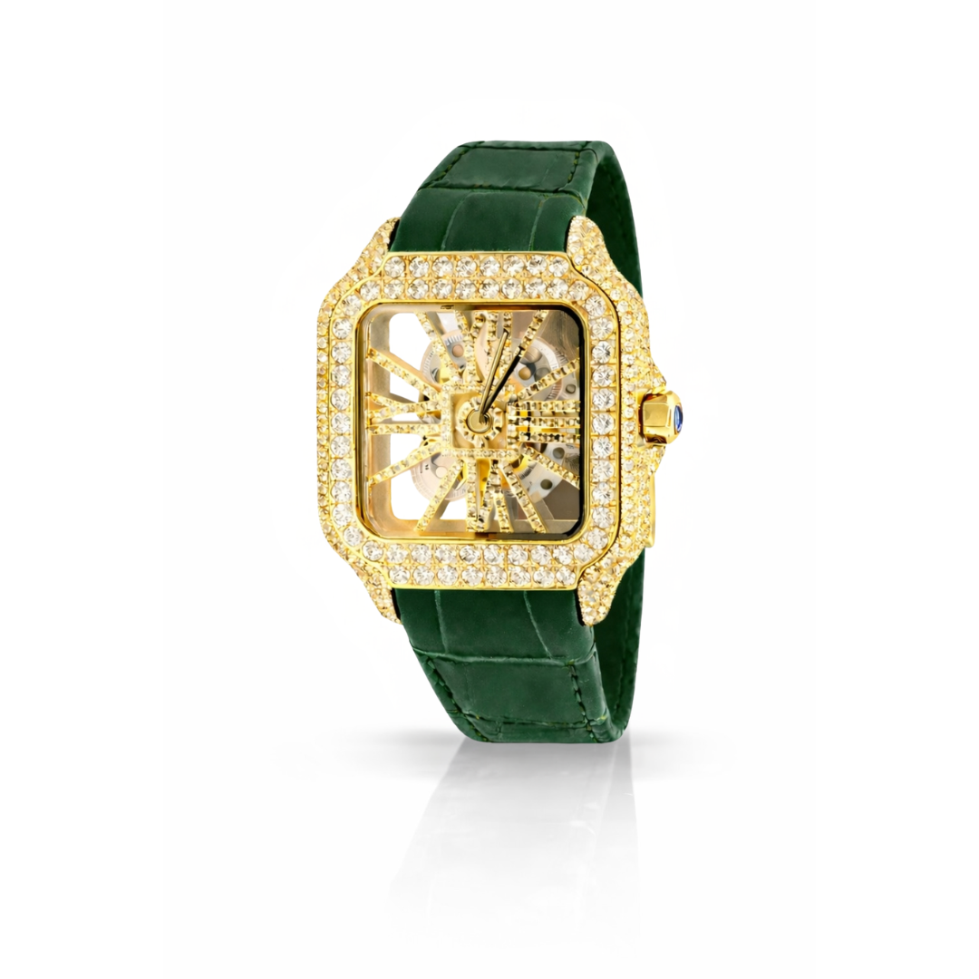 5901423 | Moissanite Steel Watch Gold Skeleton Leather Green Band