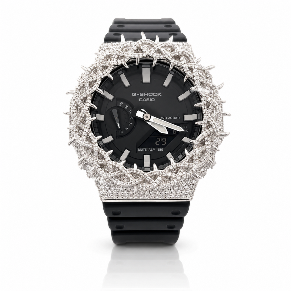 590261 | Brass Moissanite G-Shock Rhodium Throne Bezel Watch