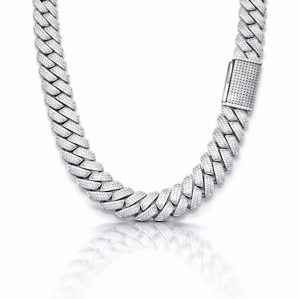 9910791 | 26.46ctw VVS 925 Silver Moissanite Razor Cuban 14mm 26" Rhodium Chain