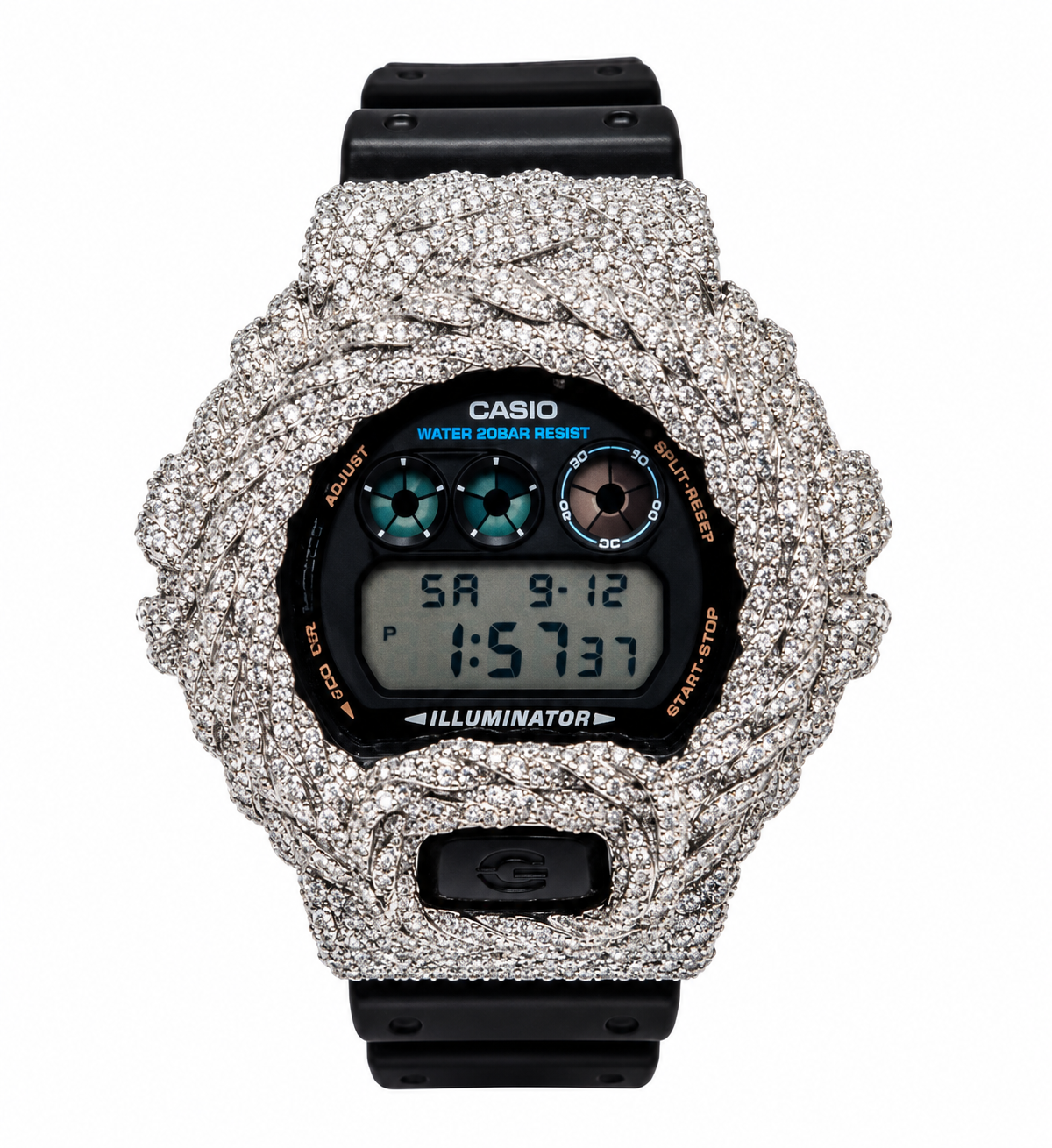 590391 | Brass Moissanite Rhodium Rope Bezel G-Shock Watch