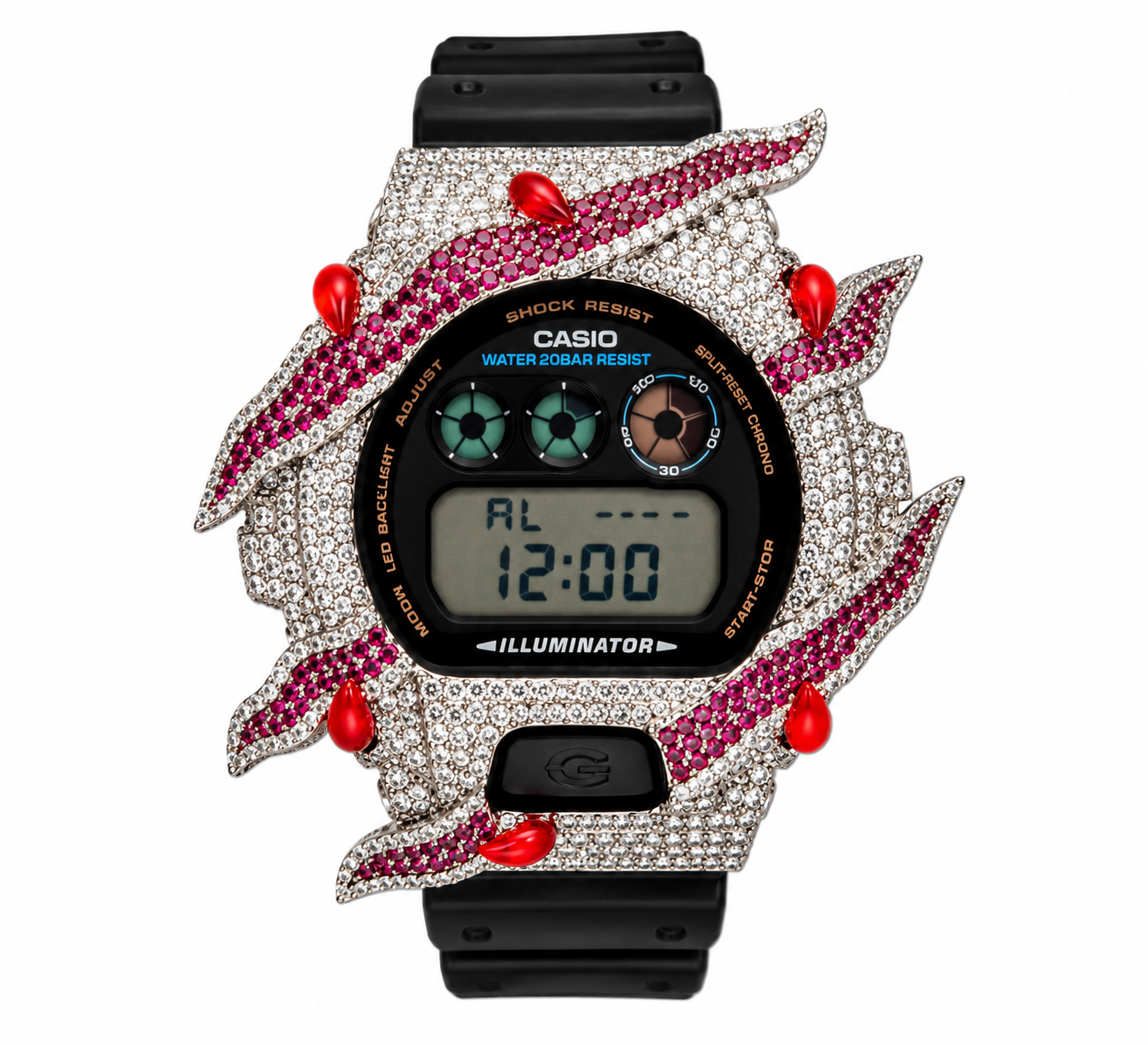 590384 | Brass Moissanite Rhodium Wire Bezel Red G-Shock Watch