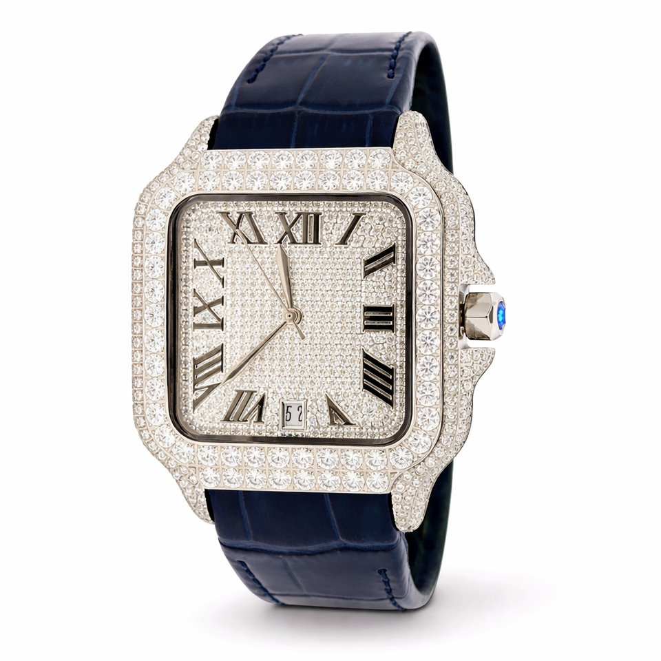 5901313 | Moissanite Steel Watch RP Case Blue Leather Band Rhodium