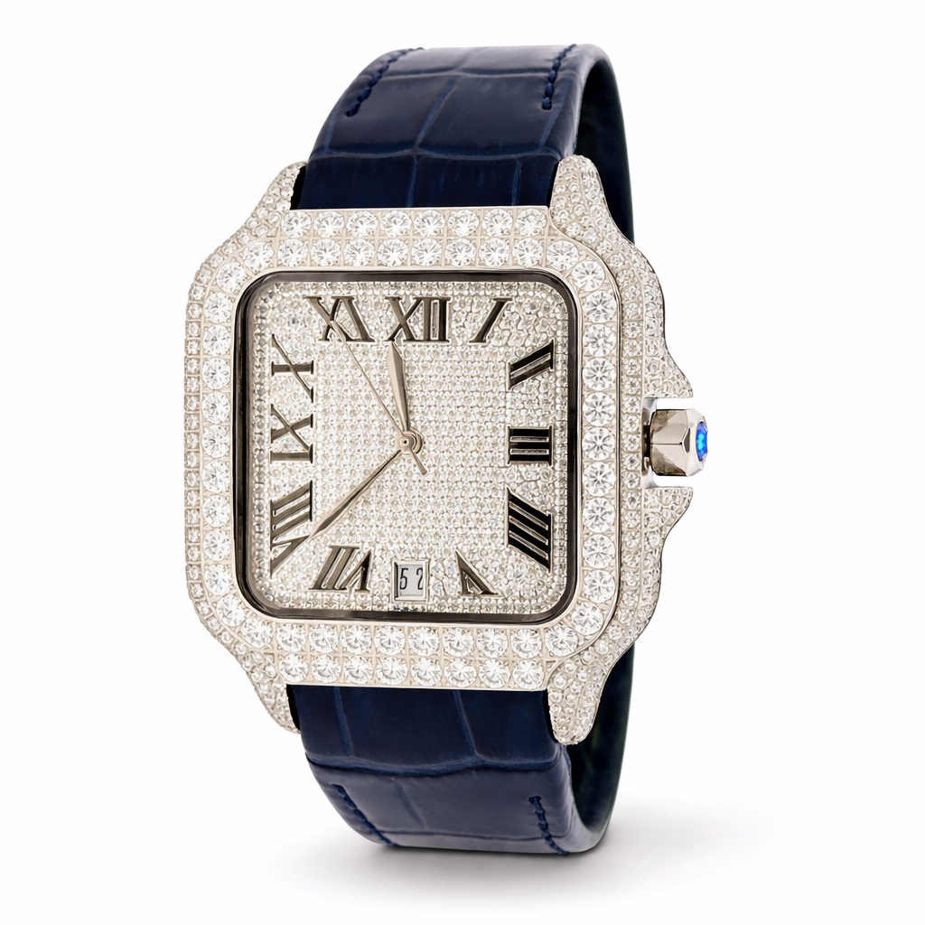 5901313 | Moissanite Steel Watch RP Case Blue Leather Band Rhodium