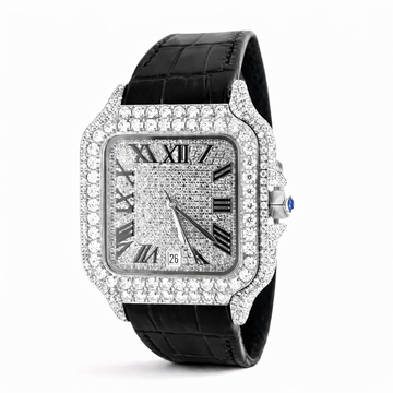 590133 | Moissanite Steel Watch RP Case Black Leather Band