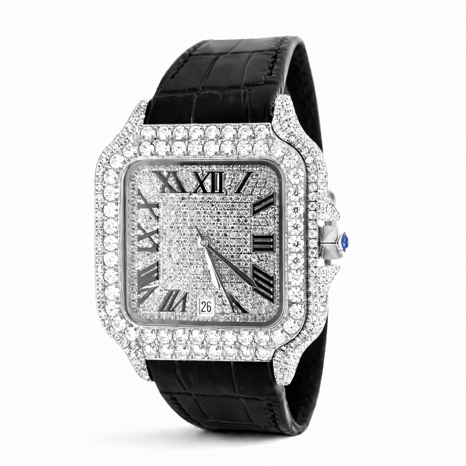 590133 | Moissanite Steel Watch RP Case Black Leather Band