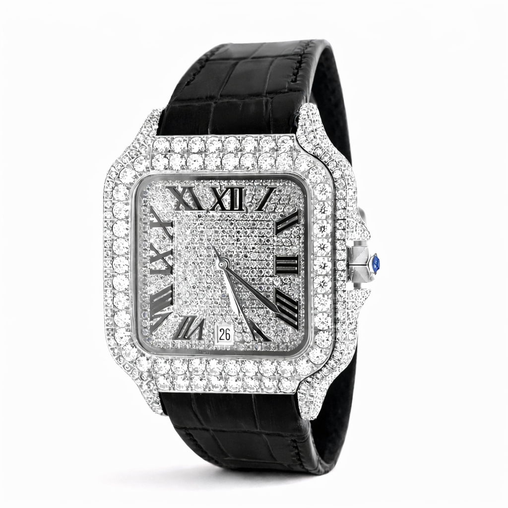 590133 | Moissanite Steel Watch RP Case Black Leather Band