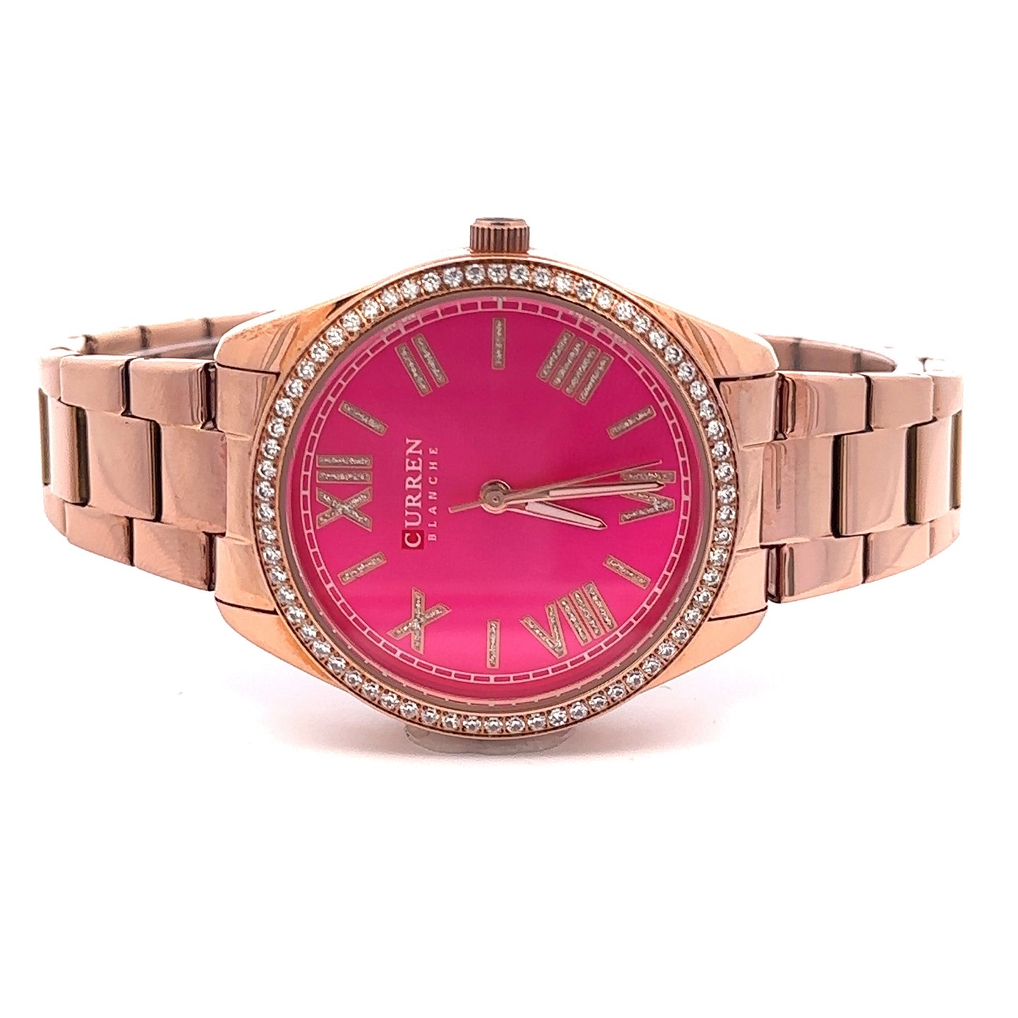 JUBBILANT METAL BACK ROSE GOLD PINK CURREN ICED OUT WATCH I 551806