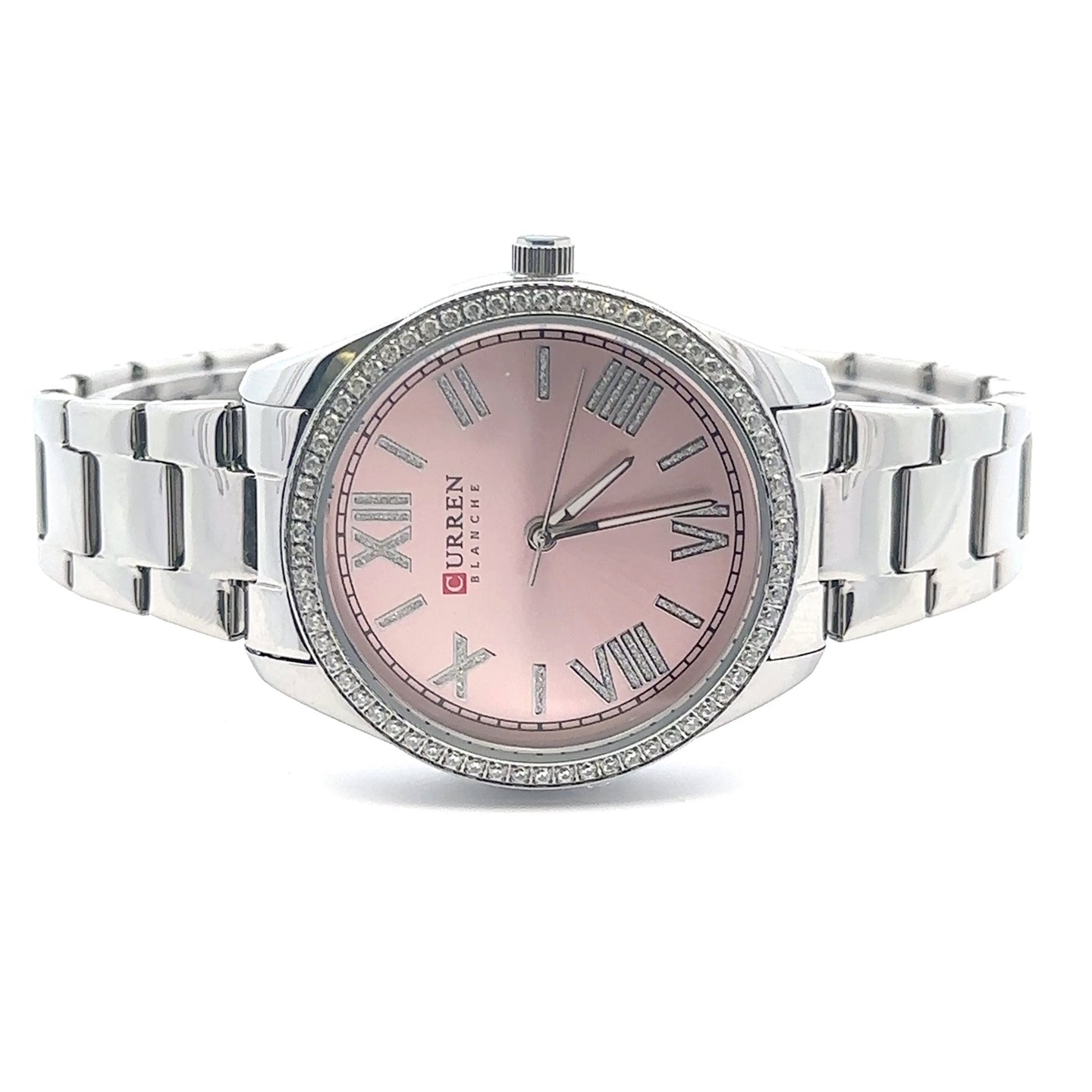 JUBBILANT METAL BACK RHODIUM PINK CURREN ICED OUT WATCH I 551809