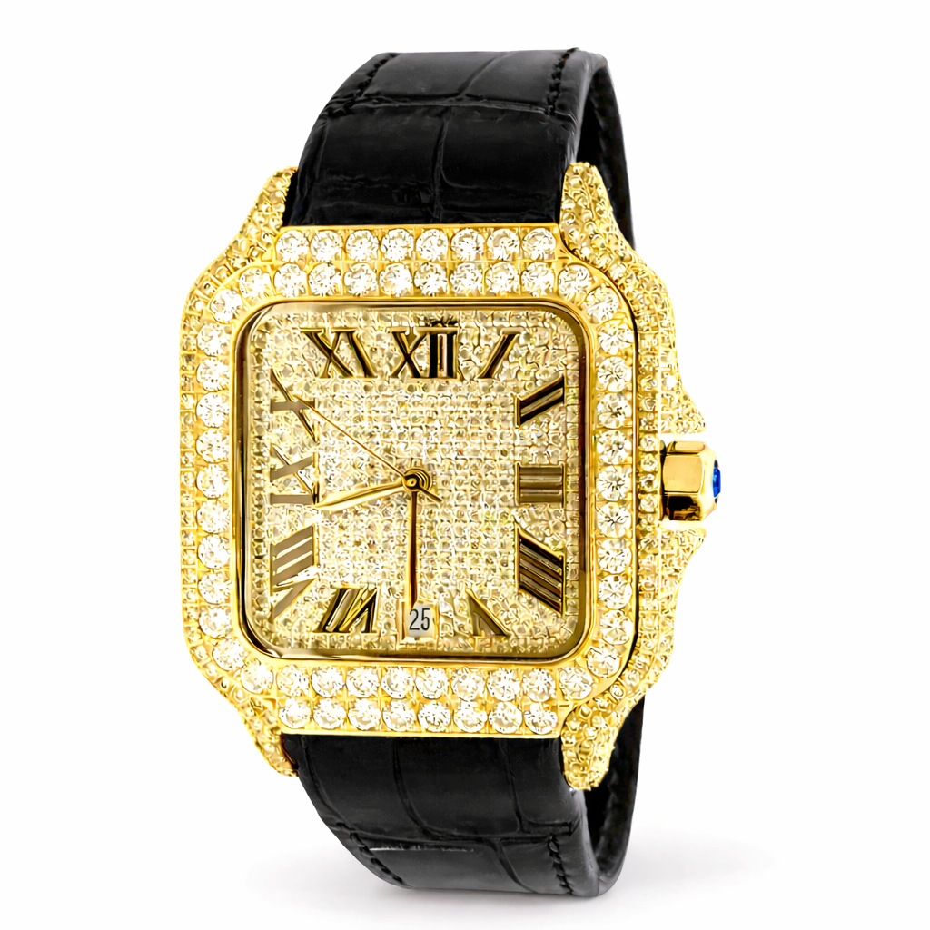 590134 | Moissanite Steel Watch GP Case Black Leather Band