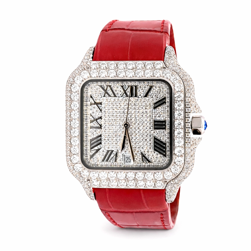 590137 | Moissanite Steel Watch RP Case Red Leather Band
