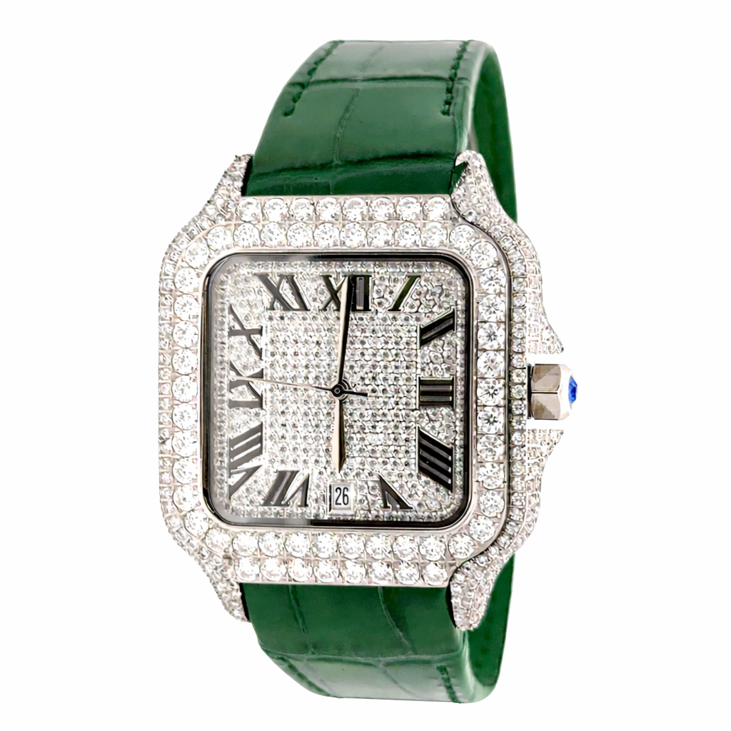 5901322 | Moissanite Steel Watch RP Case Green Leather Band  Rhodium