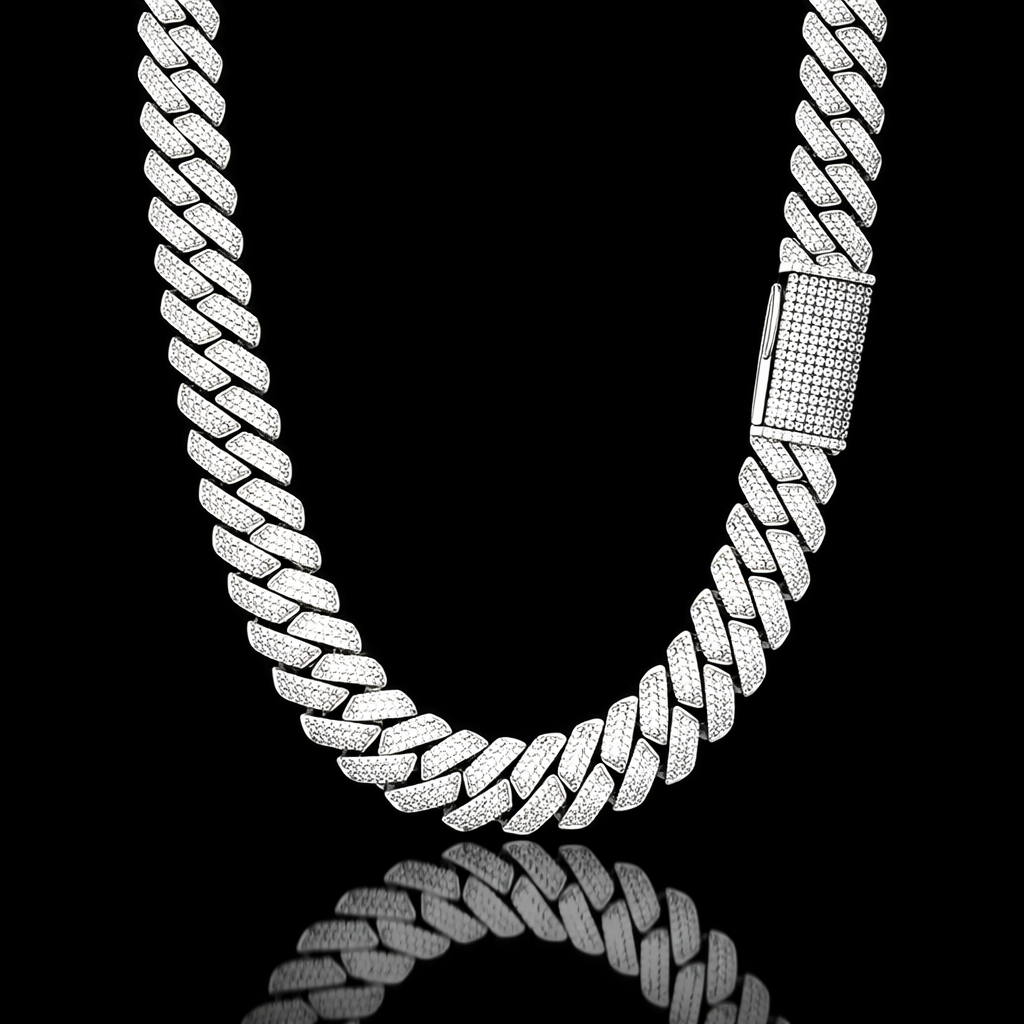 9910791 | 26.46ctw VVS 925 Silver Moissanite Razor Cuban 14mm 26" Rhodium Chain