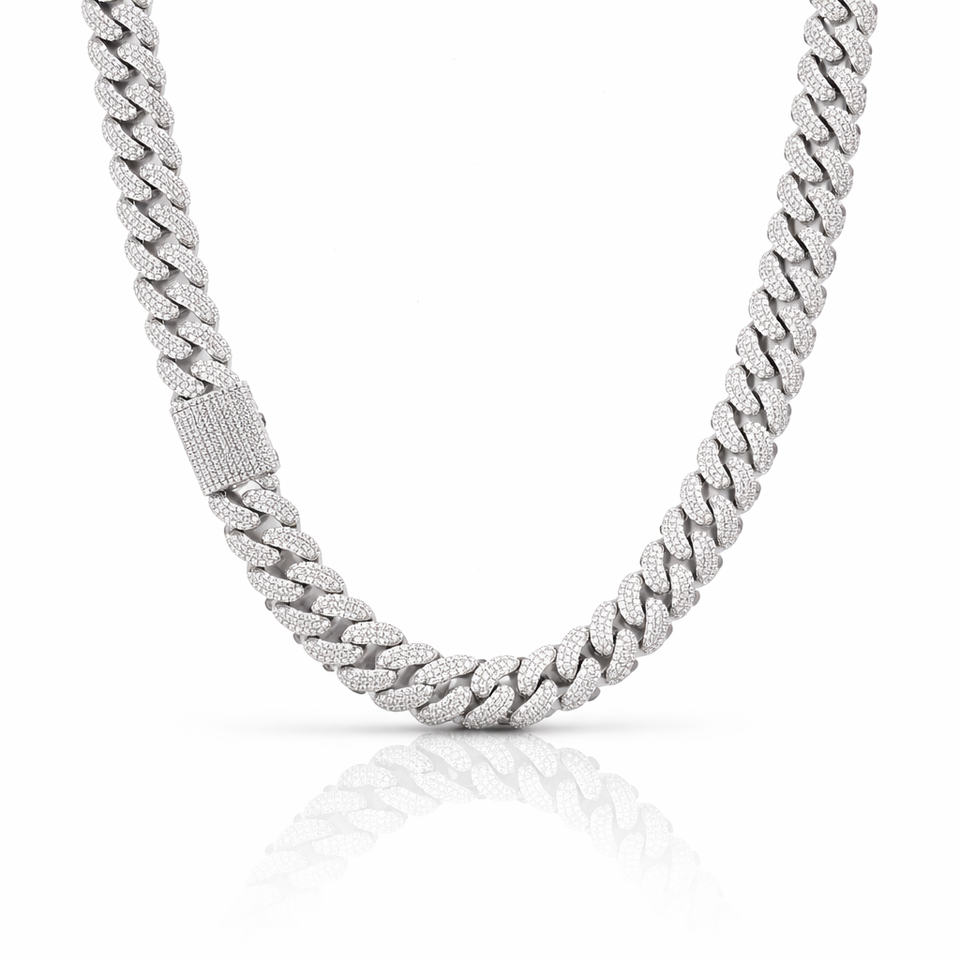 MONEYED SILVER MOISSANITE 12MM CUBAN CHAIN | 991401