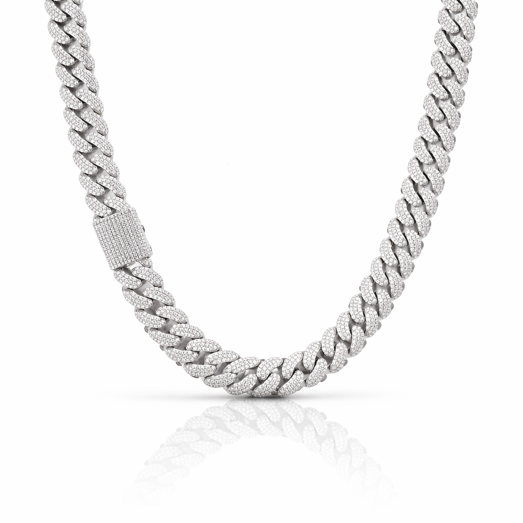 MONEYED SILVER MOISSANITE 12MM CUBAN CHAIN | 991401