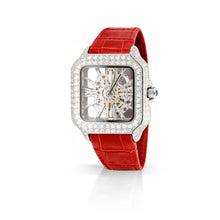 590146 | Moissanite Steel Watch Skeleton Leather Red Band