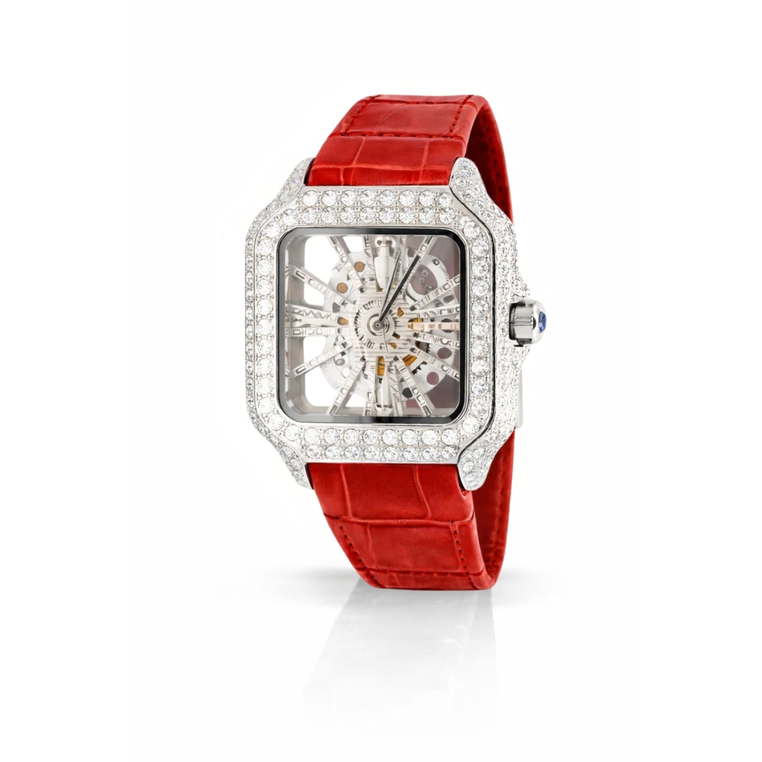 590146 | Moissanite Steel Watch Skeleton Leather Red Band