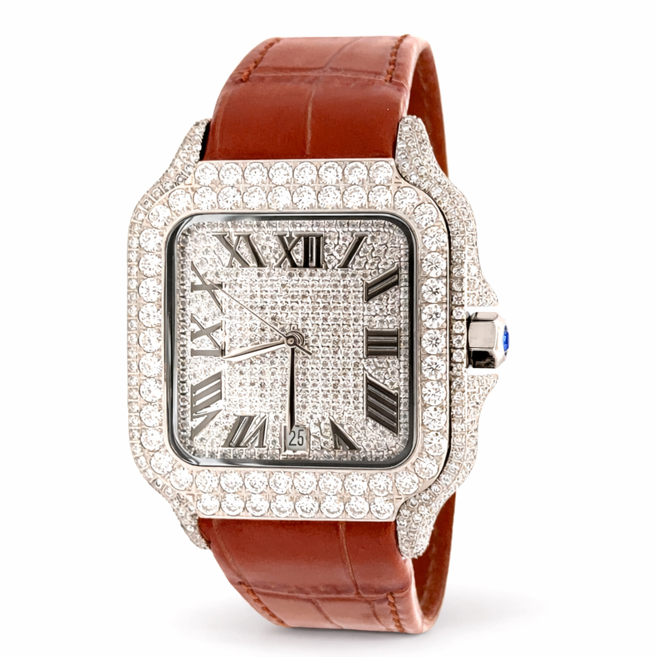 5901329 | Moissanite Steel Watch RP Case Brown Leather Band