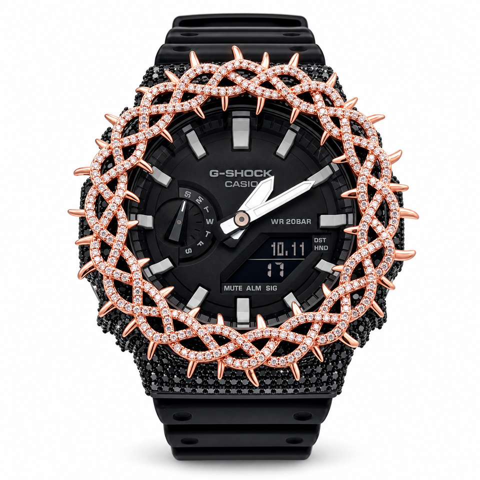 590266 | Brass Moissanite Rose Black Throne Bezel G-Shock Watch