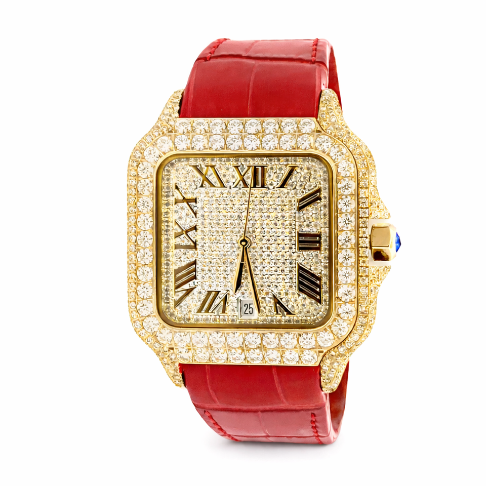 590136 | Moissanite Steel Watch GP Case Red Leather Band
