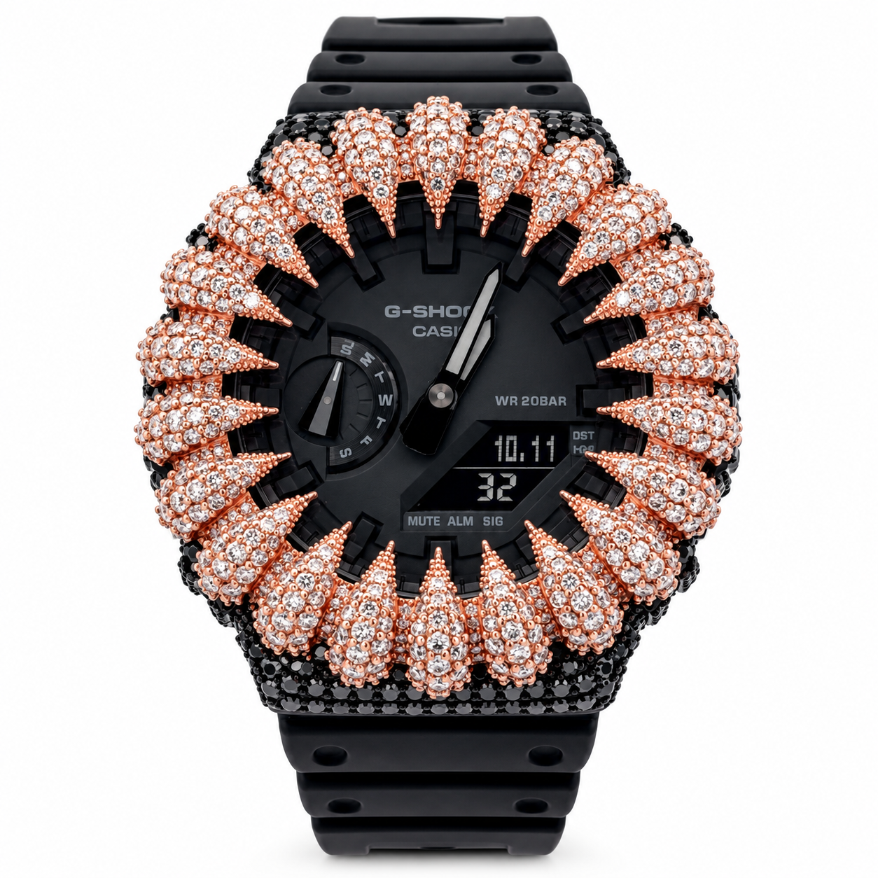 590426 | Brass Moissanite Rose Black Cone Bezel G-Shock Watch