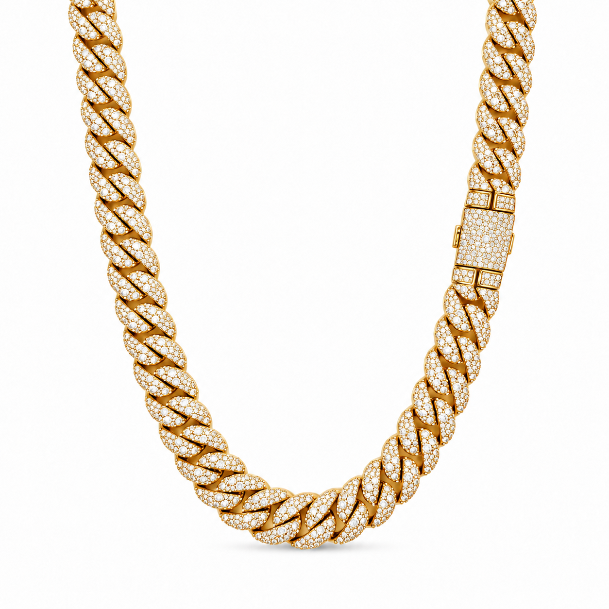 9100162 | 28.87 CTW Brass Moissanite Gold 12mm 22" Cuban Chain