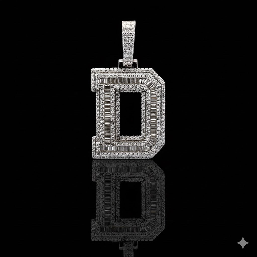 999791 | 2.46ctw VVS/D 925 Moissanite Initial D Rhodium Pendant