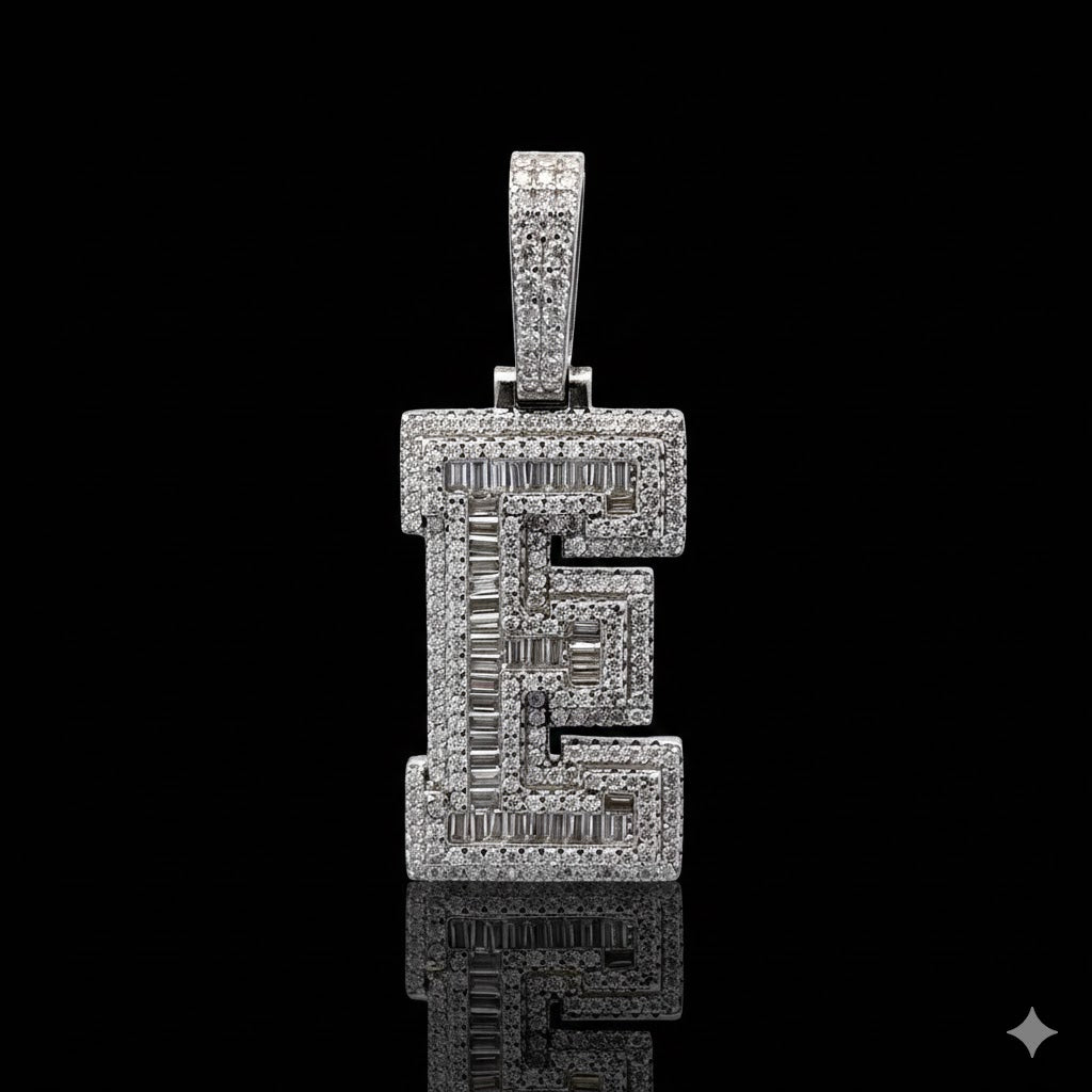 999801 | 2.01ctw VVS/D 925 Moissanite Initial E Rhodium Pendant