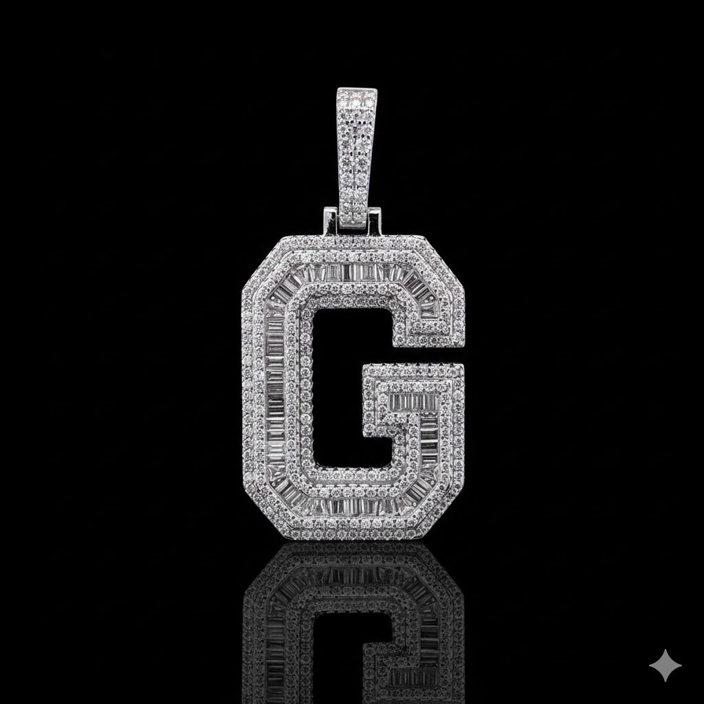 999821 | 2.45ctw VVS/D 925 Moissanite Initial G Rhodium Pendant