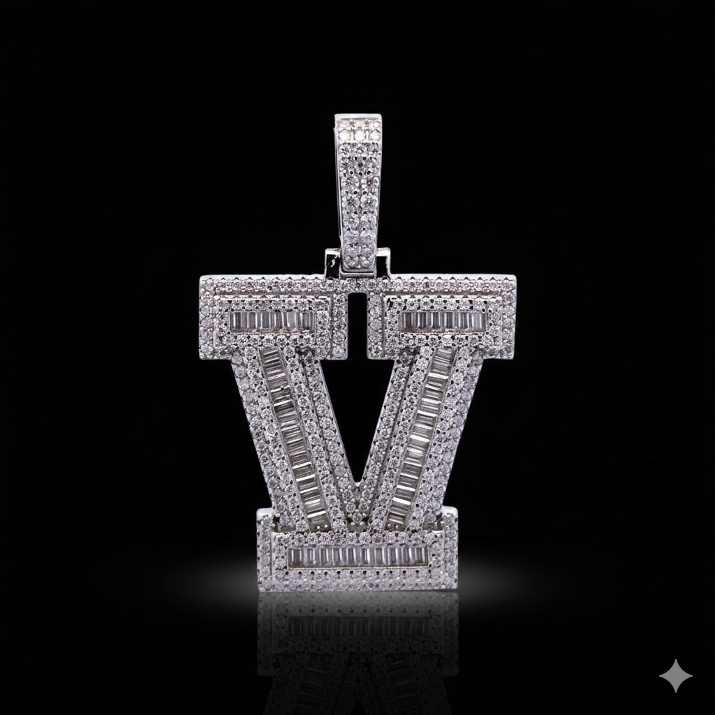 999971 | 2.45ctw VVS/D 925 Moissanite Initial V Rhodium Pendant