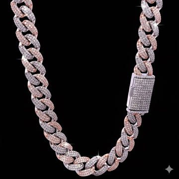 9914319 | 925 Silver Moissanite Two Tone Rhodium Rose Gold 12mm Cuban Chain