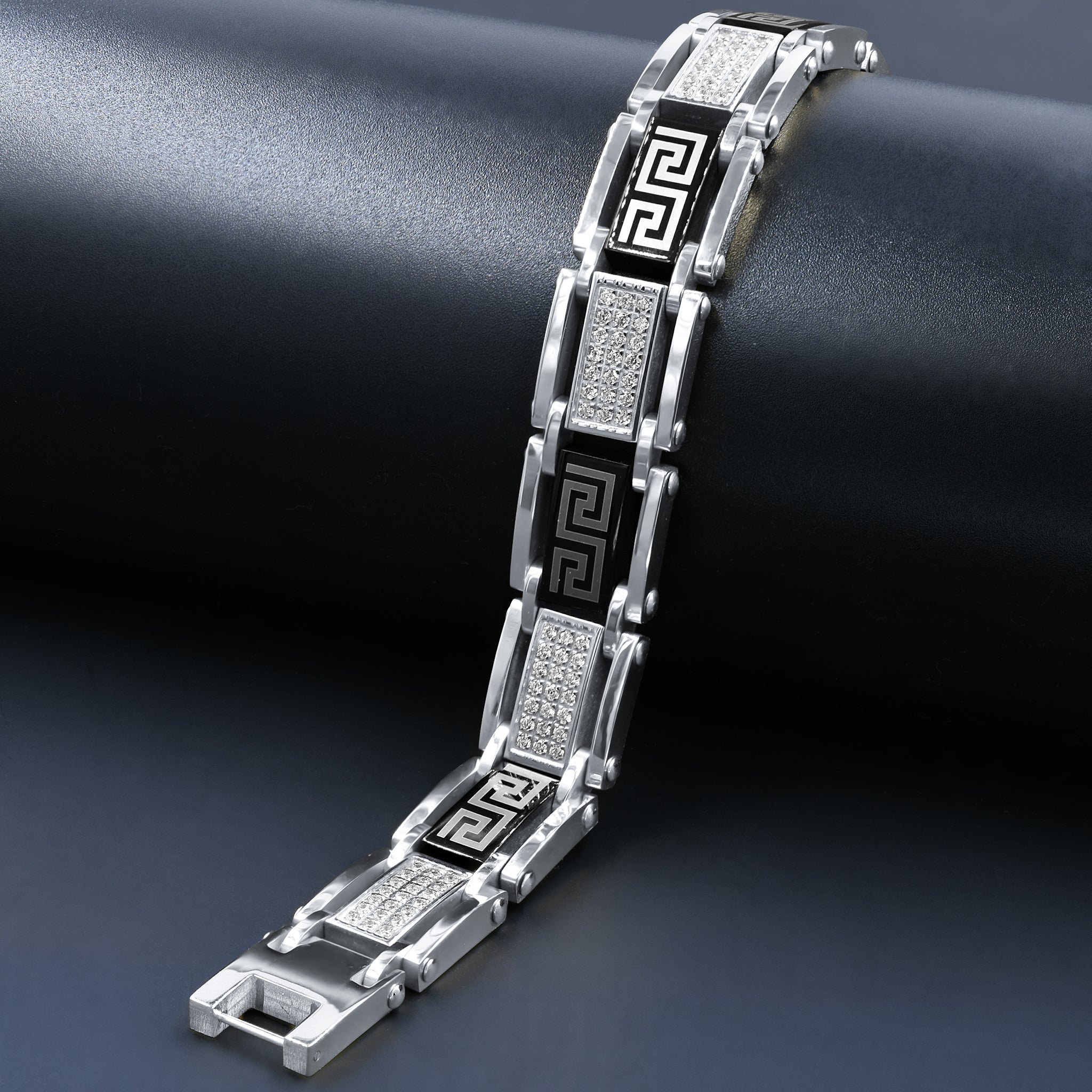 Steel & Black Greek Key with White CZ Accent Bracelet 931807