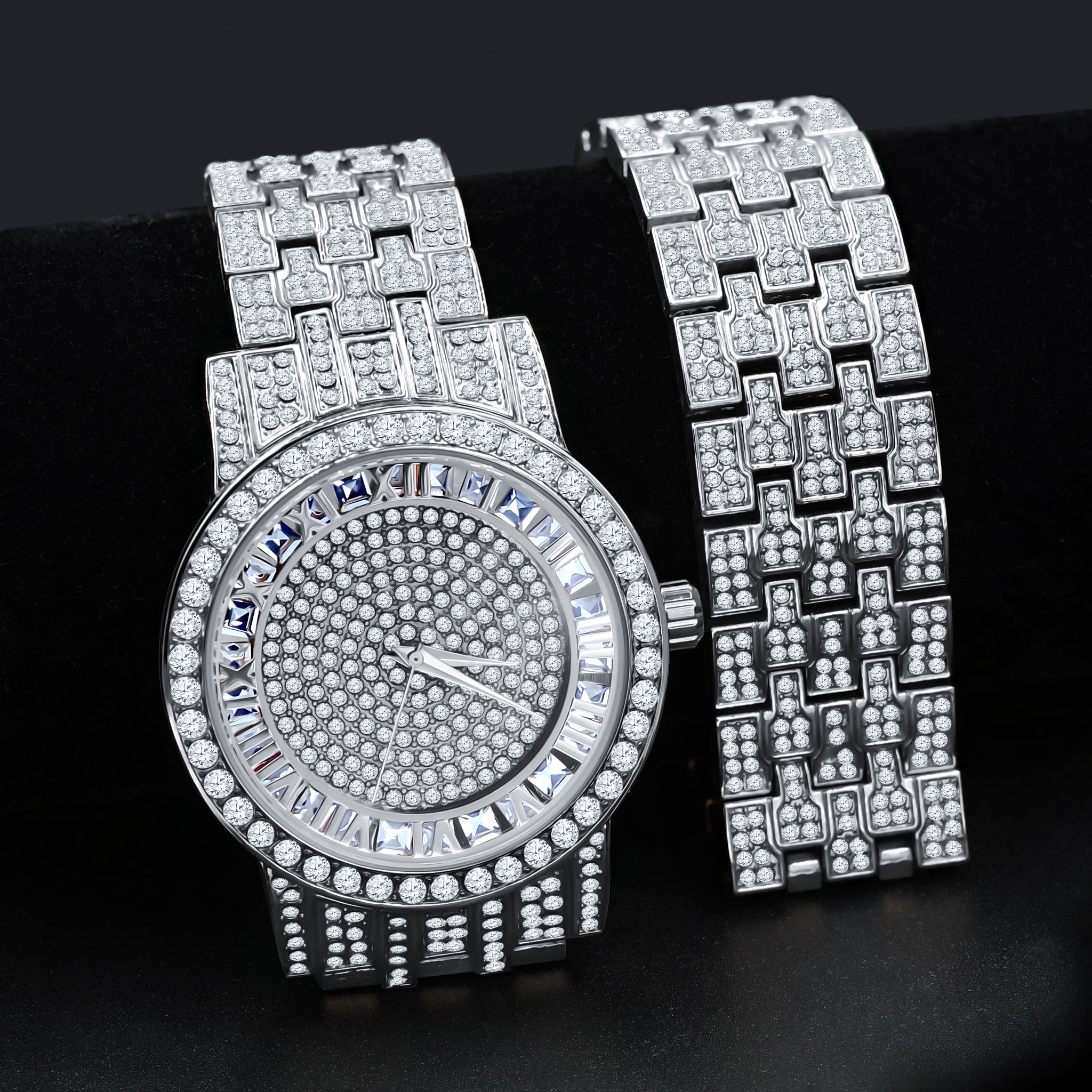 CANDIDUS PRINCESS CUT ICED OUT WATCH & BRACELET SET I 530721