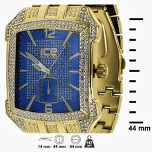 Icemaster Mens Gold on BlueDial Crystal 2Row Bezel Rectangle face Hip Hop Bling Metal Watch