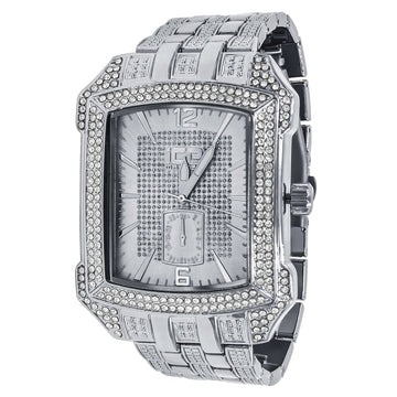 Icemaster Mens Silver on Silver Dial Crystal 2Row Bezel Rectangle faced watch