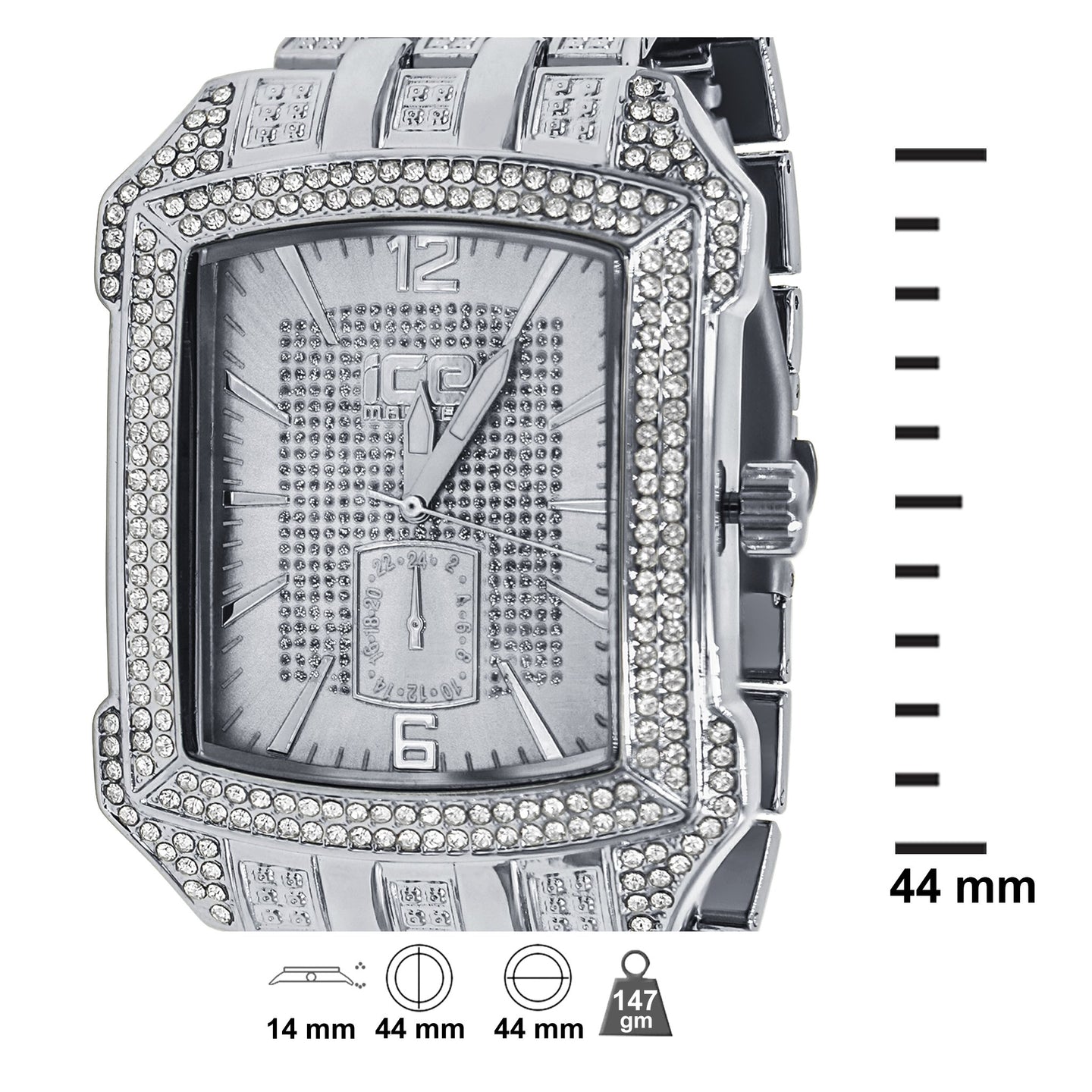 Icemaster Mens Silver on Silver Dial Crystal 2Row Bezel Rectangle faced watch
