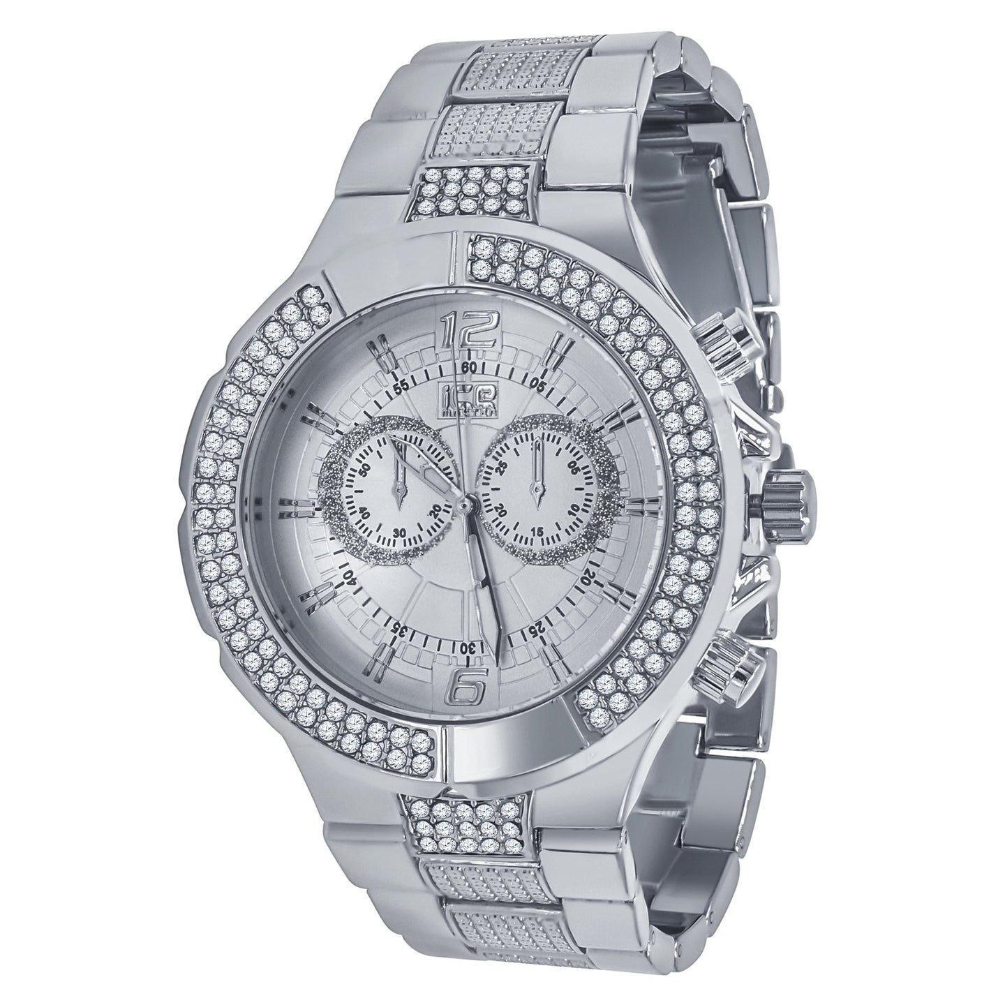 Silver 2 Row Silver Dial Iced out Bling Metal Watch