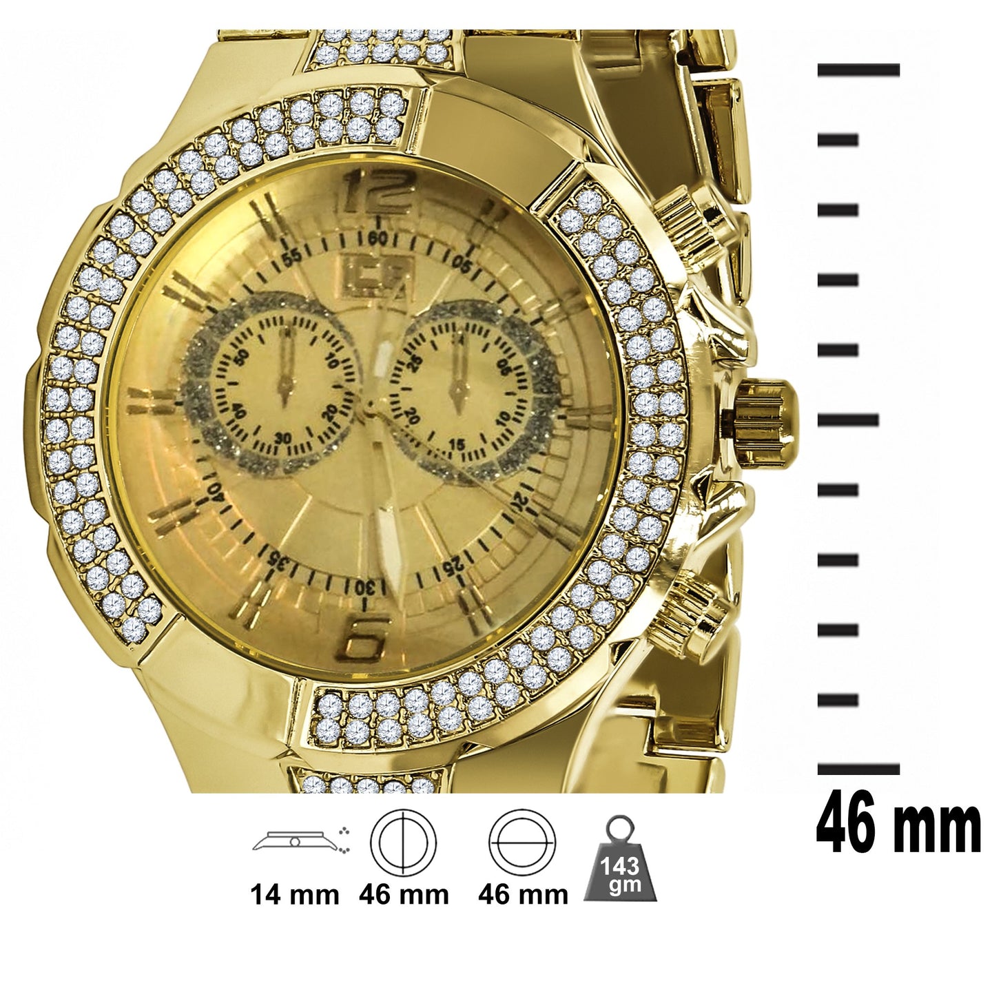 Yellow Gold 2 Row Gold Dial Iced out Bling Metal
